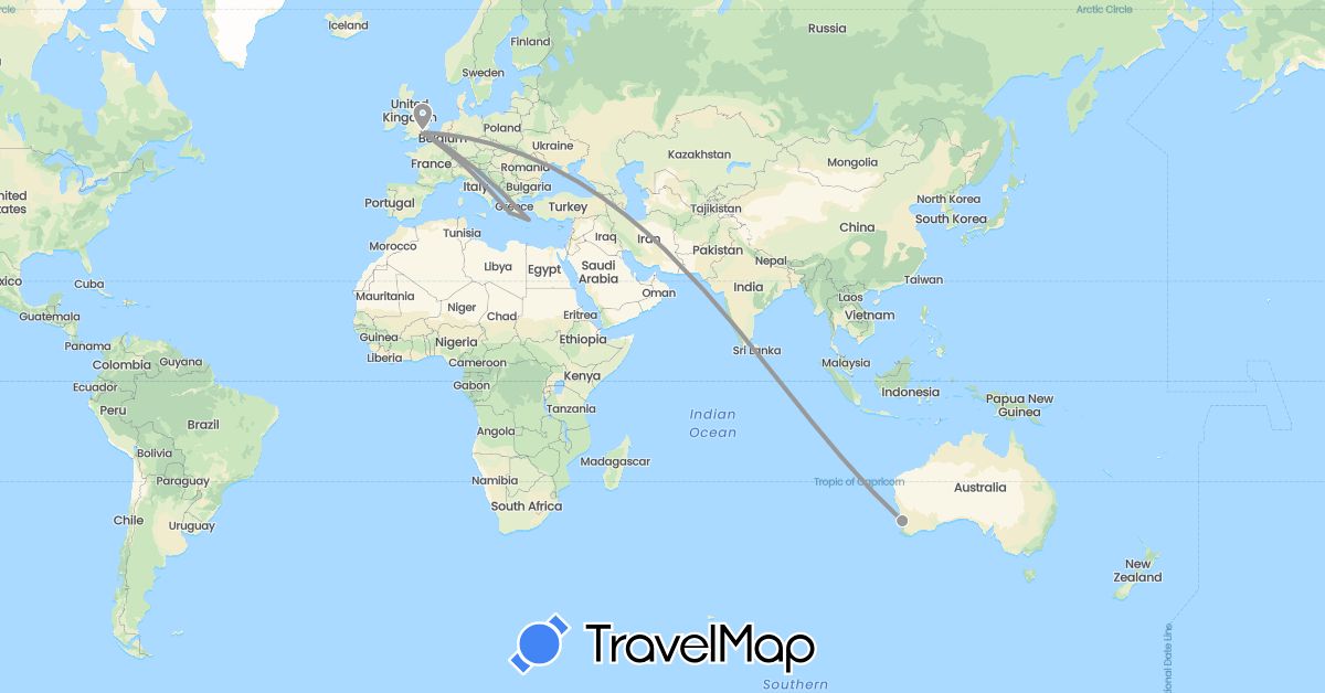 TravelMap itinerary: driving, plane in Australia, United Kingdom, Greece (Europe, Oceania)